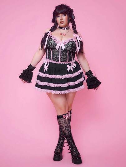 Kawaii Plus Size Sweet Contrast Color Lace Ruffle Bow Decor Skirt