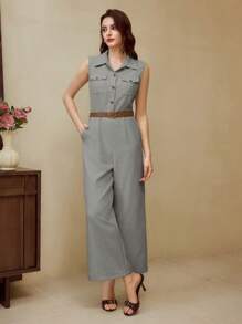 Vintamour Bộ đồ liền thân thanh lịch cổ điển dành cho quý cô, bộ đồ liền thân bó sát mùa xuân/hè có túi, cổ áo, thắt lưng màu kaki nhạt, không tay - Xám - Xem 6