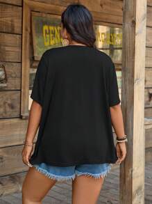SHEIN LUNE Blusa de manga corta con cruce y lazo casual de vacaciones para mujer de talla grande, tops de verano para vacaciones, salir, playa, escuela y campo - Negro - Ver 2