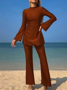 Swim Mulvari 女士新款纯色夏季两件套高领长袖连衣裙褶皱喇叭袖收腰保守泳衣海滩度假防紫外线