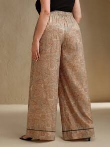 Anewsta New Women Contrast Color Drawstring Waist Cashew Flower Print Wide Leg Pants - Khaki - View 2