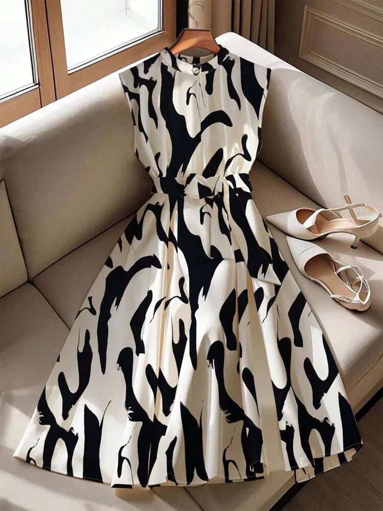 Franclia 黑白抽象印花立领无袖系带连衣裙 - 黑與白 - 查看 3