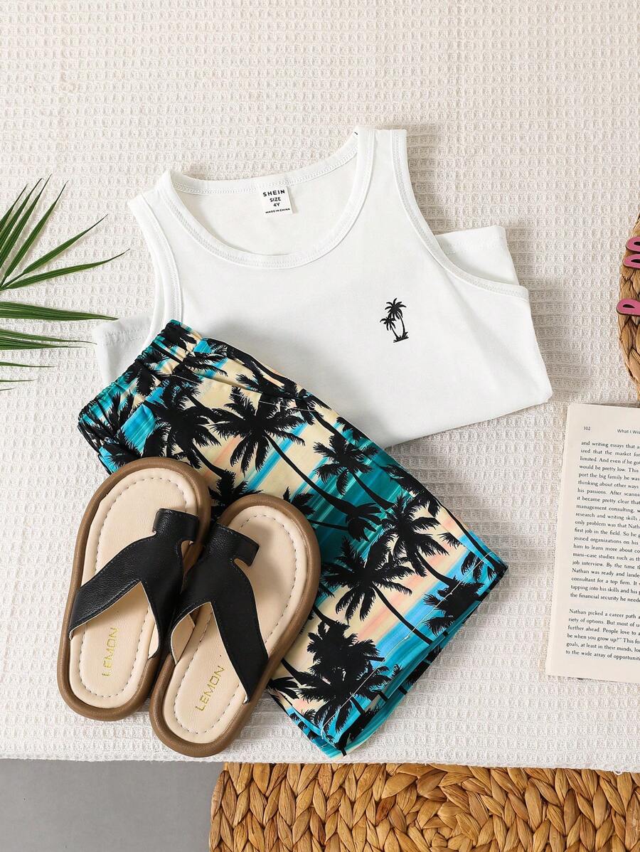 2件套男童度假圆领背心和短裤套装 - 白色 - 查看 1