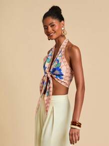 Travachic Top de mujer para vacaciones con estampado floral, detalle de nudo delantero, y escote trasero sin espalda