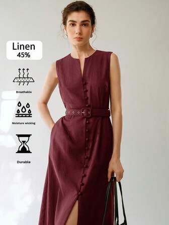 Uhlyne Fall Women Clothes Women Casual Elegant Sleeveless Linen Midi Dress With Self-Tie Belt Women Summer Clothing Linen Dress Button Dress Sleeveless Linen Dress A-Line Dress Linen A-Line Dress Linen Dresses Sleeveless Linen A-Line Dress