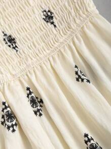 Sweetra 女士仿亚麻宽腿休闲连体裤，海滩度假复古印花，春夏 - 杏色 - 查看 3