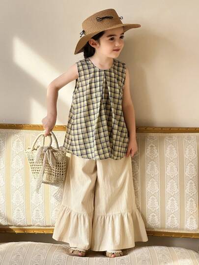 DAZY Child Young Girls Plaid Round Neck Sleeveless Casual Loose Shirt And Shorts 2 Pieces Set,Girls Summer Outfits