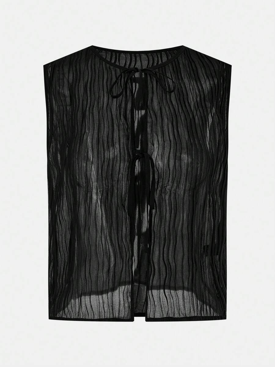 BizChic 2025 Summer New Music Festival Party Gathering Summer Top, Holiday Suitable For Wedding Guests, Brunch, Urban Fashion Commuter Daily Versatile Spring/Summer New Elegant Chic Daily Commute Work Date Vacation Breezy Graduation Season Black Pleated Tie-Bow Top - Black - View 1