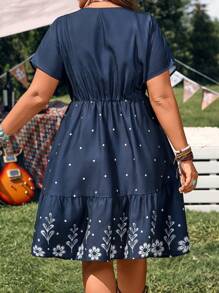 EMERY ROSE 夏季大码V领全印花无袖连衣裙 - 藏蓝色 - 查看 4