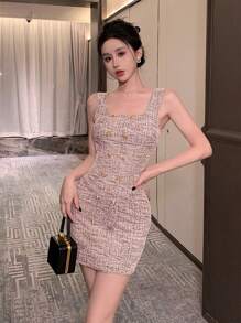 DAZY Vestido de verano sin mangas a cuadros para boda, fiesta, graduación, vestido de cóctel elegante para mujeres - Rosa - Ver 4