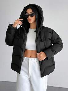 EURMUSE Casual Style, Keep Warm Feature Waterproof Long Line Patch Pocket Detailed Padded Coat - Black - View 7