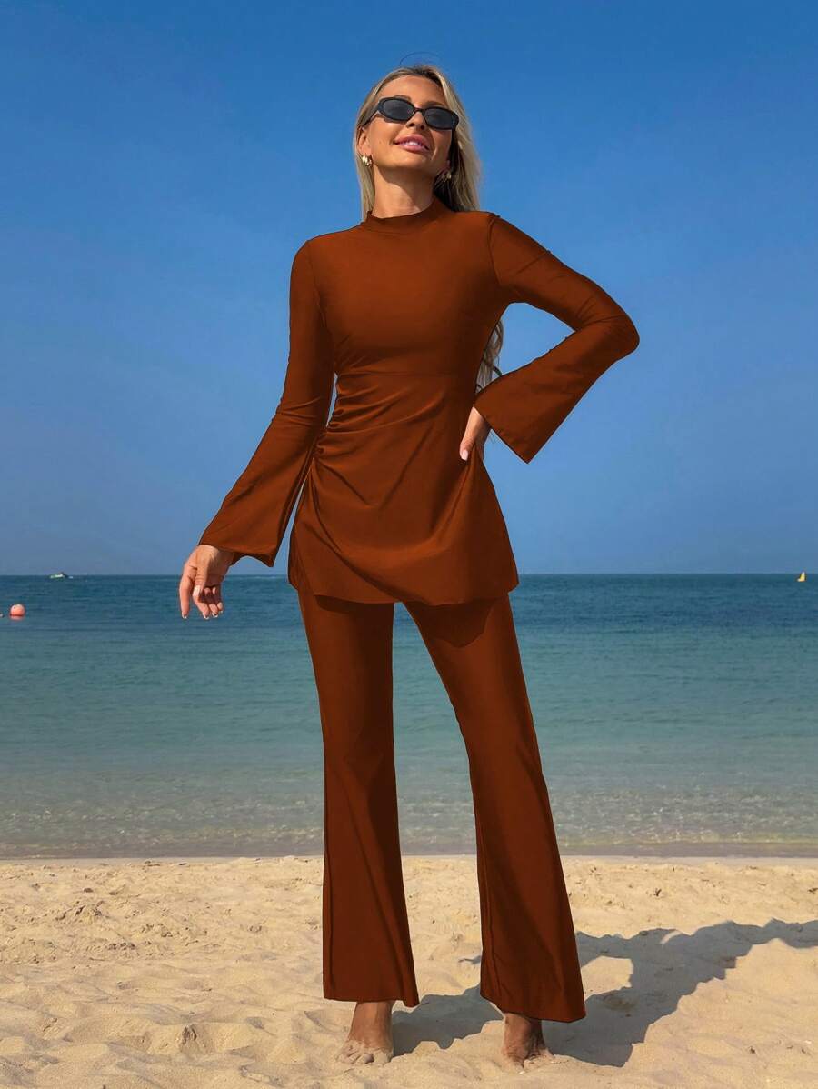 Swim Mulvari 女士新款纯色夏季两件套高领长袖连衣裙褶皱喇叭袖收腰保守泳衣海滩度假防紫外线