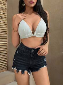 EURMUSE 女士休闲高腰破洞牛仔短裤，夏季