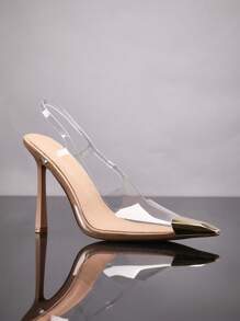 SHUZIA 女士金色装饰方形尖头细高跟单后绑带派对性感优雅裸色透明高跟鞋 - 無色 - 查看 5