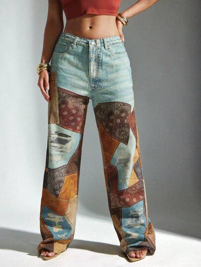 Denimoi Straight Leg Illusion Print Denim Jeans