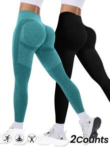 Seamluxe SHEIN Sport Leggings sin costuras de cintura alta para mujer - Pantalones de yoga con control de abdomen y levantamiento del trasero, suaves, para entrenamiento, running, ciclismo, yoga, pickleball, ejercicio y uso casual - Negro y verde - Ver 1