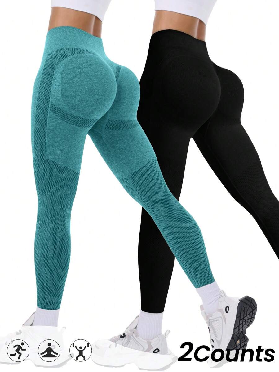 Seamluxe SHEIN Sport Leggings sin costuras de cintura alta para mujer - Pantalones de yoga con control de abdomen y levantamiento del trasero, suaves, para entrenamiento, running, ciclismo, yoga, pickleball, ejercicio y uso casual - Negro y verde - Ver 1