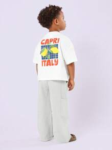 SUMWON 儿童条纹棉质抽绳裤 夏季休闲沙滩阔腿裤 舒适套穿裤脚带口袋 度假装 - 綠色 - 查看 5