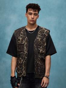 ROMWE MEN Street Life Leopard Print Zip Front Denim Waistcoat For Men - Bronze - View 4