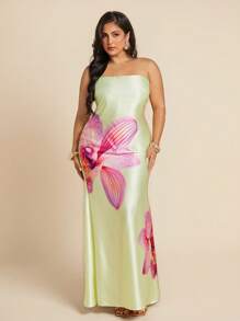 SHEIN BAE Plus Size Women Satin Print Open Back Dress, Spring/Summer,4th Of July Curve,Beach Outfit For Women,Airport Outfit Women,Festival Outfits Women,Graduation ,Women Summer Clothes,Going Out Tops Women,Rave Outfits,Club Outfits Women Sexy,Birthday Outfits For Women,Holiday Outfits,Wedding Guest Dress Women,Graduation Dress,Yellow Butter,Summer Dresses For Women - Apricot - View 6