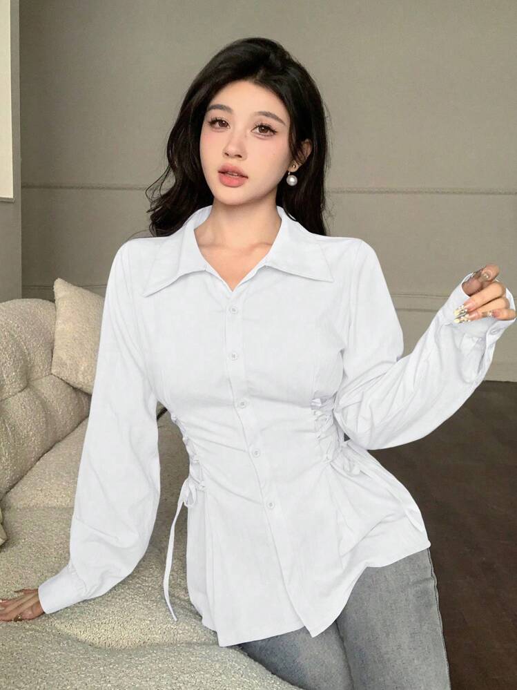 Modelyn Casual Solid Color Criss-Cross Tie Fashionable Blouse Fall Cloth For Women - White - View 6