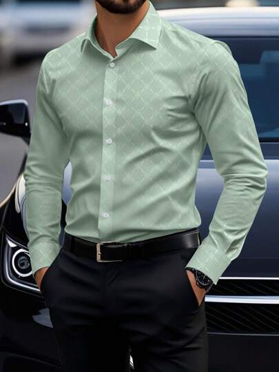 Manfinity Mode Herrskjorta med lång ärm, smal passform, affärsskjorta med knappar, långärmad herrskjorta, herrgrön klänningskjorta, grön herrklänningskjorta, herrgrön klänningskjorta, herrklänningskjorta, grön, salviagrön klänningskjorta, för hösten