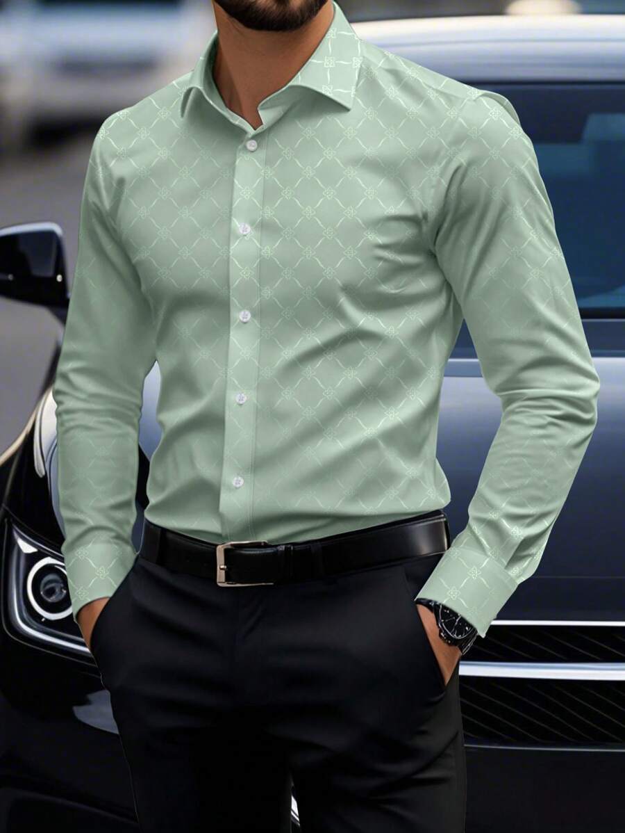 Manfinity Mode 男士纽扣长袖修身商务正装衬衫，长袖男士衬衫男士绿色正装衬衫男士绿色正装衬衫男士绿色正装衬衫男士正装衬衫绿色鼠尾草绿色正装衬衫男士，适合秋季 - 薄荷綠 - 查看 1