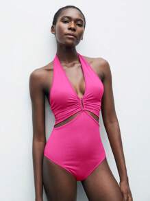 Maija Women's Black Laser Cut Waist Design Cruise Travel Bodysuit, Hollow-Out V-Neck Pleated Backless Sexy Summer Beach Dress,One Piece Swimsuit