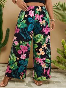 Travachic Plus Size Summer Vacation Tropical Print Elastic Waist Loose Pants Flowy Beach Boho Rave Country Concert Festival Brunch Graduation Old Money - Multicolor - View 4