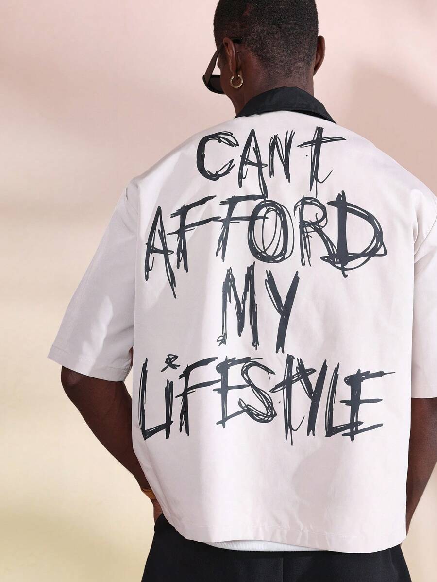 Camisa de trabajo de manga corta con cuello de contraste, de estilo de vida de la marca Sumwon Studios, con estampado urbano, ligera, de ajuste holgado, para uso casual en primavera y verano - Beis - Ver 1