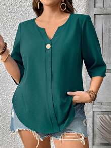EMERY ROSE Blusa holgada de unicolor y cuello con muescas para uso diario en tallas grandes para mujeres