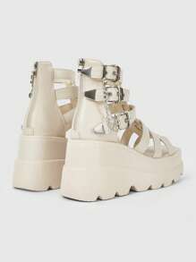 ROMWE Grunge Punk Fashionable Women's Shoes, Metal Buckle Design Open Toe, Thick Sole Flat Heel 7.5cm, Retro Style PU Leather Black Sandals, Suitable For Summer Shopping, Dating, Etc. - Beige - View 3