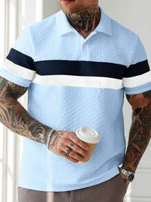 Manfinity Homme Men's Contrast Color Striped Casual Patchwork Textured Short Sleeve Polo Shirt Light Blue Polo Shirt Men Men Light Blue Shirt Men Textured Polo Shirt,Men Textured Polo