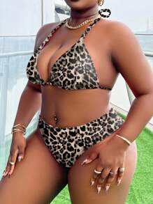 Slaydiva 2件套加大码女式豹纹吊带三点式比基尼泳装
