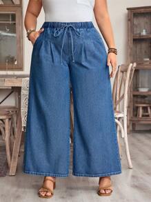 EMERY ROSE Plus Size Women Tie Waist Pockets Wide Leg Loose Casual Denim Jeans - Medium Wash - View 6