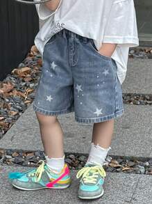 DAZY 男童星星图案破洞牛仔短裤 - 藍色 - 查看 3