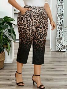 EMERY ROSE Plus Size Women's Elastic Waist Leopard Print Pocket Casual Capri Pants, Summer Fashion, Women's Resort Wear, Women's Brunch Wear, Women's Business Casual Wear, Women's Wedding Guest Dresses, Women's Summer Clothing,Women's Work Clothes - Multicolor - View 1
