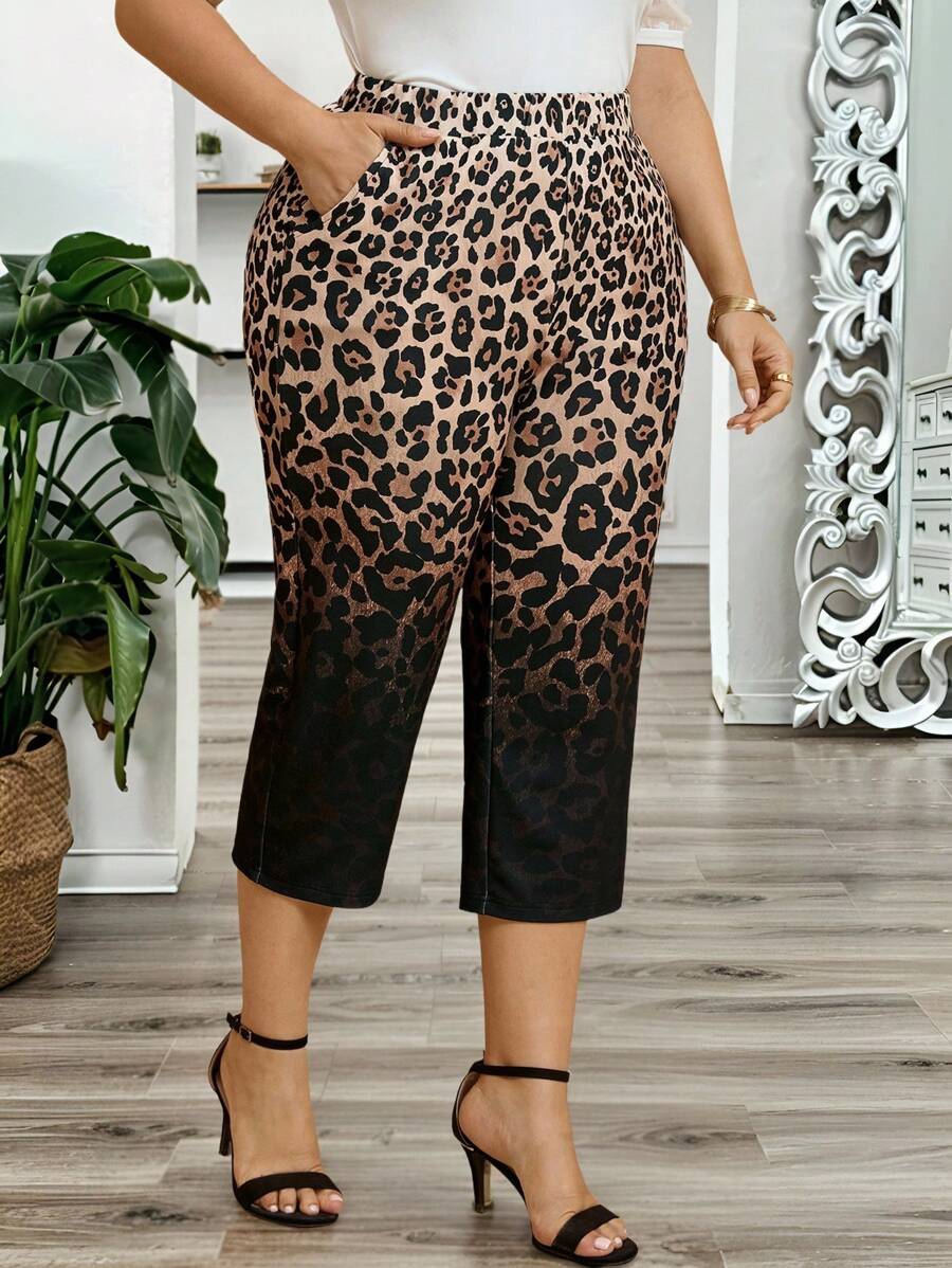 EMERY ROSE Plus Size Women's Elastic Waist Leopard Print Pocket Casual Capri Pants, Summer Fashion, Women's Resort Wear, Women's Brunch Wear, Women's Business Casual Wear, Women's Wedding Guest Dresses, Women's Summer Clothing,Women's Work Clothes - Multicolor - View 1