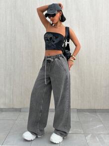 EURMUSE Quần Jeans Ống Rộng Lưng Thấp Có Túi Buộc Dây Cho Nữ Kiểu Dáng Thường Ngày Đa Năng - Màu xanh lam - Xem 5