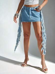 Denimoi 流苏接缝做旧低腰牛仔迷你裙 - 淺色水洗藍 - 查看 5