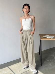 FRIFUL Women's Solid Color Drawstring Waist Pockets Wide Leg Casual Pants, Versatile - Apricot - View 2