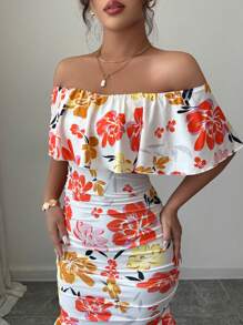 Selianne Tropical Print Off Shoulder Ruffle Trim Ruched Bodycon Dress Vacation Beach Outfits Women - Multicolor - View 4