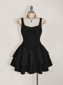 SHEIN ICON Icon Plus Size 女式无袖方领双层蛋糕裙，适合毕业季、返校季和暑假