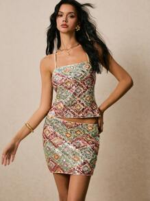 Poéselle Tenues pour femmes Ensembles de costumes à sequins Hauts bustier et jupes Ensembles jupe 2 pièces Femmes Top camisole et jupe en forme de cœur à paillettes et brillants Ensemble de deux pièces Tenues pour femmes Ensembles de deux pièces pour concert country Tenue de concert pour femmes Ensemble de festival Jupe à sequins et hauts à sequins