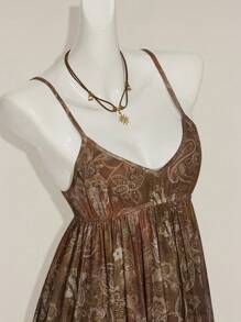 SHEIN ICON Y2k 西部外出复古波西米亚嬉皮娃娃裙飘逸佩斯利印花细肩带网眼度假休闲连衣裙 - 彩色 - 查看 7