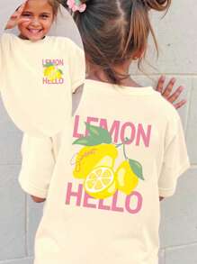 SHEIN 年轻女孩夏季字母水果印花圆领短袖休闲T恤 - 杏色 - 查看 1