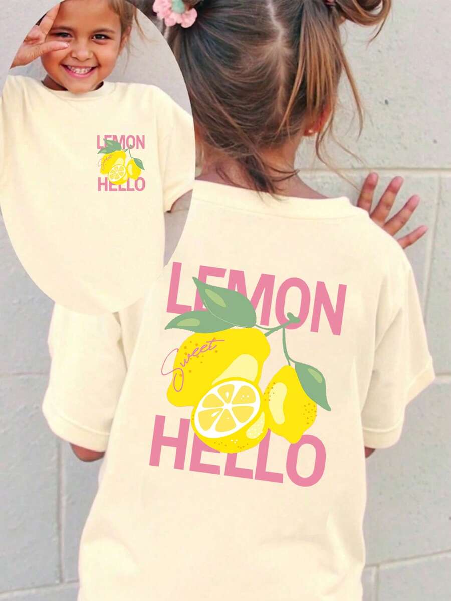 SHEIN 年轻女孩夏季字母水果印花圆领短袖休闲T恤 - 杏色 - 查看 1