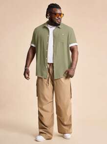 EASEVO 大码休闲短袖梭织衬衫 - 橄欖綠 - 查看 2