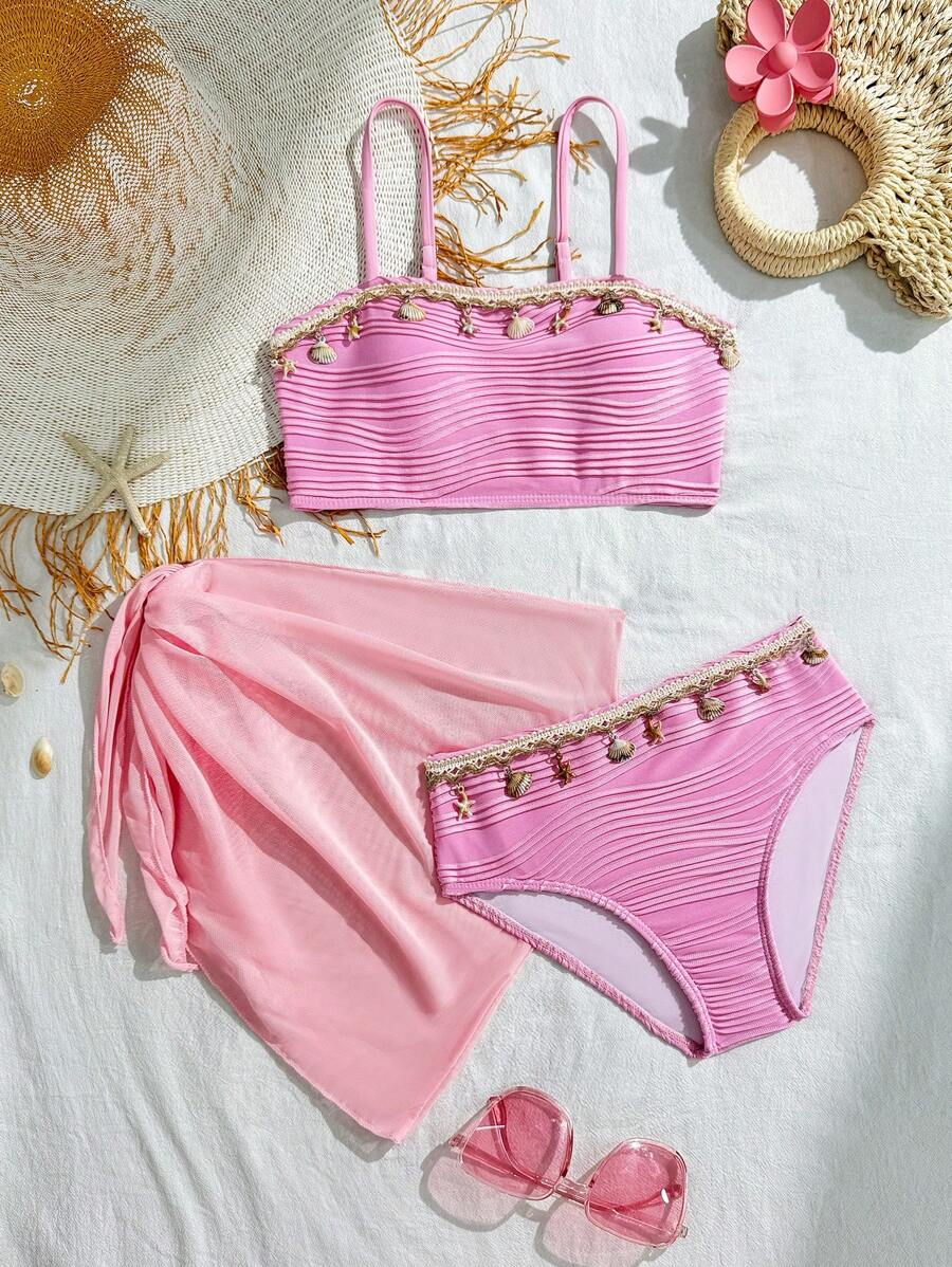 SHEIN 青少年女孩纹理面料度假休闲泳衣套装，带丝带装饰的泳衣适合冲浪、度假、海岸穿着 - 粉色 - 查看 1