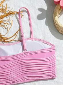 SHEIN 青少年女孩纹理面料度假休闲泳衣套装，带丝带装饰的泳衣适合冲浪、度假、海岸穿着 - 粉色 - 查看 4